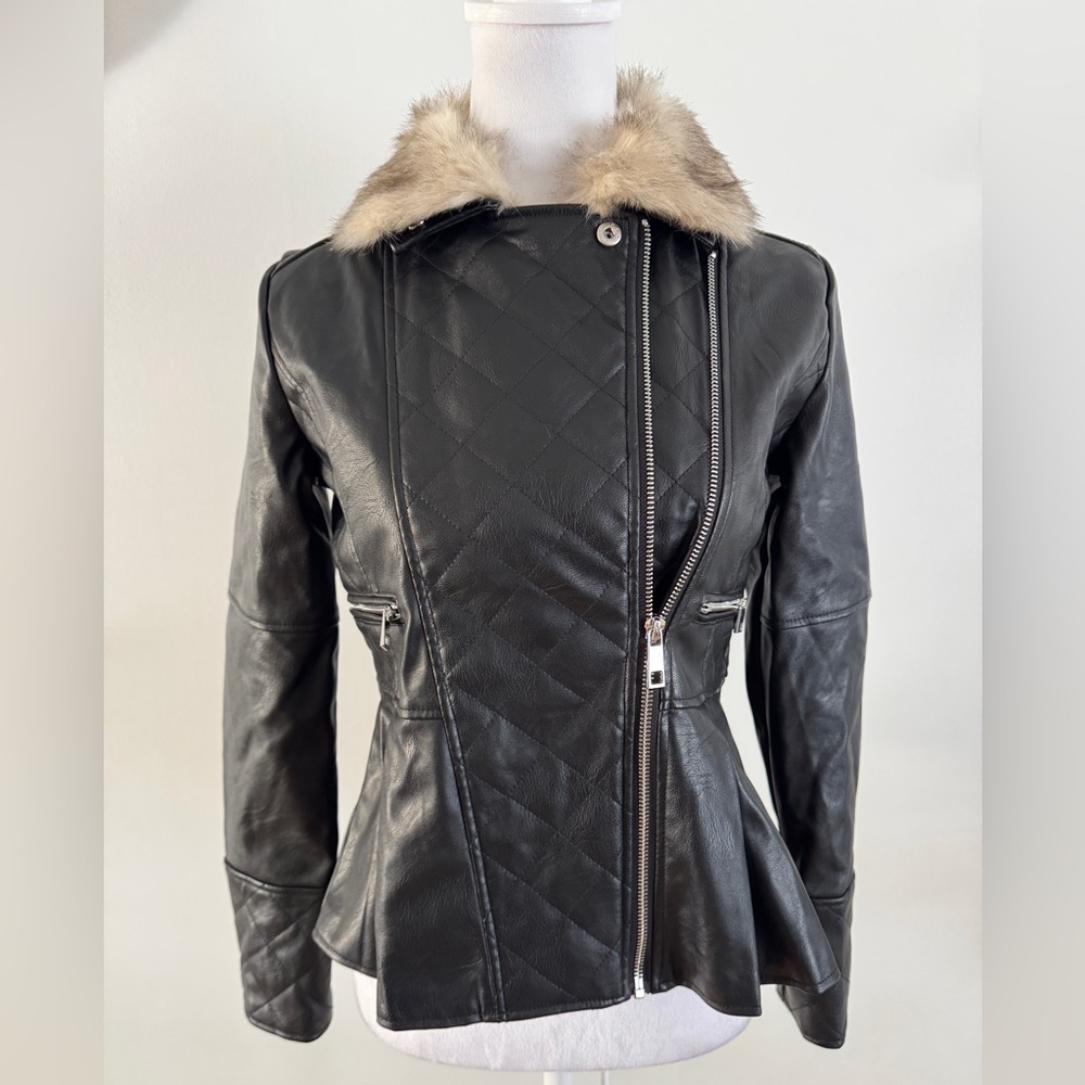 River Island Girls Black Leather biker Jacket with Tan Faux Fur Collar 11/12